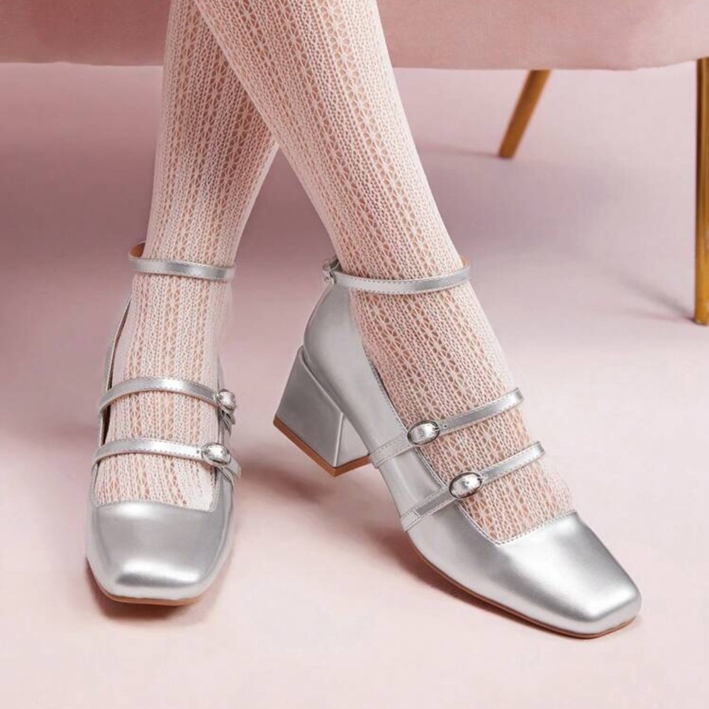 Faux Patent Leather chunky low Block Heel, silver ankle strap Mary Janes